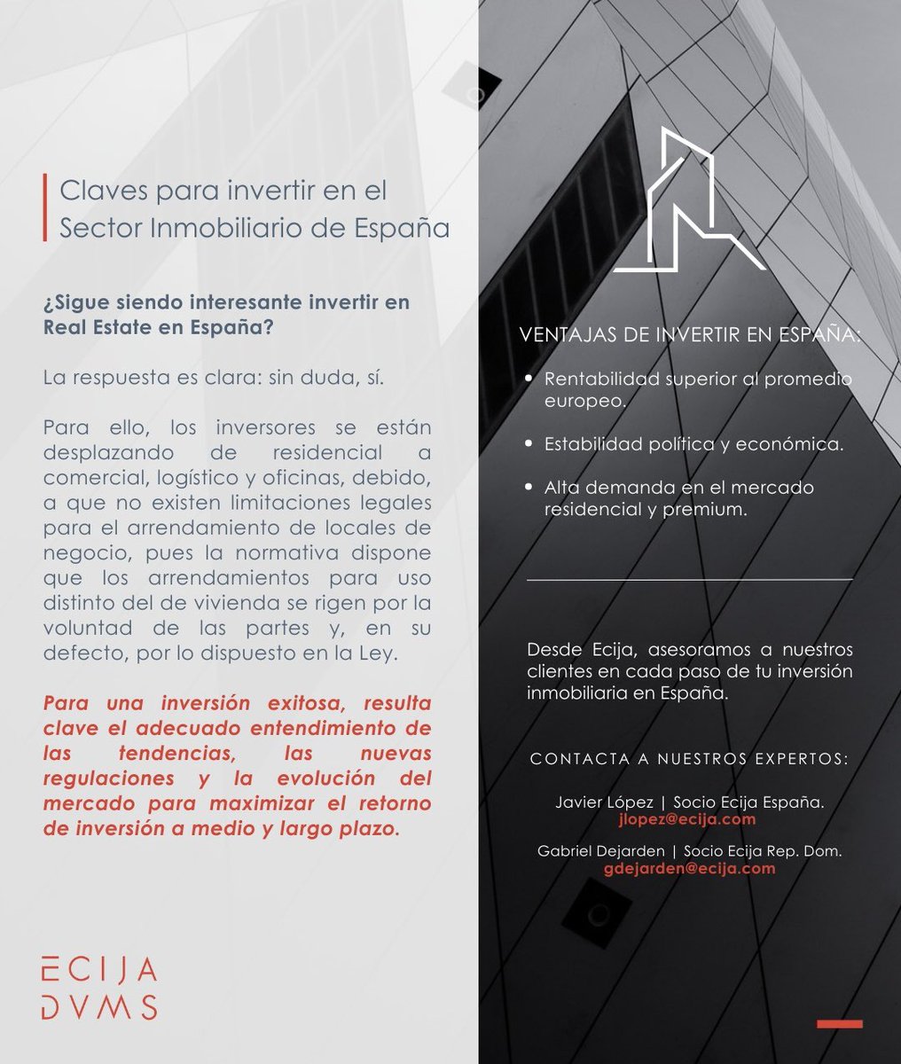 Nos complace compartir un resumen ejecutivo del más reciente artículo de nuestro Socio Javier López Gutiérrez. El artículo titulado “Claves para invertir en España en Real Estate”, fue publicado originalmente en la Revista Digital de la Cámara Española en Rep. Dom.