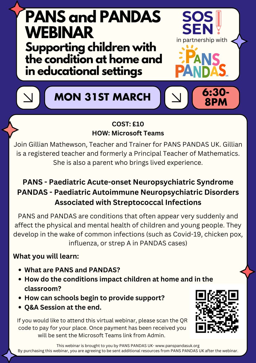 PANS PANDAS UK in partnership with <a href="/sos_sen/">SOS! SEN</a> is delighted to be hosting an upcoming education webinar about #PANS and #PANDAS, for families and professionals wanting to learn more.

Please share with any relevant networks.

#SEND #Teachers #SENDParents #EducationMatters