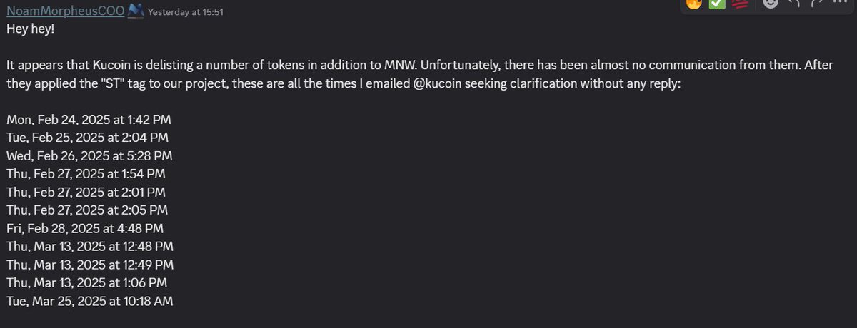QXB__'s tweet photo. Delisting on $mnw on kucoin doesn't seem right
It seems kucoin just don't care and delist it as they wish. same thing happened with $trias https://t.co/TeGmvI2VOg