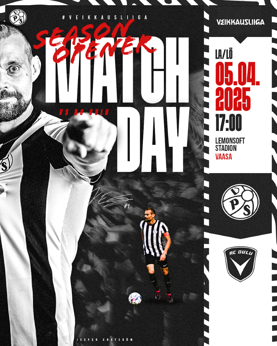 VPS1924's tweet photo. KAUDENAVAUS! 👊

Kevät on virallisesti alkanut, sillä Veikkausliiga pyörähtää käyntiin lauantaina 5.4. klo 17! Lipunmyynti matsiin on auki! 🤝

Kauden avauksessa vastaan asettuu AC Oulu. Joukkueet kohtasivat aiemmin pre-season-merkeissä, joka päättyi lukemin 3-3, sekä Liigacupissa lukemin 2-1 Palloseuralle. Tule mukaan kauden avaukseen kannustamaan Palloseura voittoon! 🖤🤍

Hyvä tietää AC Oulusta: 
➡️ Laivastonsinisistä löytyy entinen Raitapaita Mikko Pitkänen
➡️ 2024 Runkosarjan 9. 
➡️ Joukkue rentoutuu kelluen

⚽️ VPS - AC Oulu
🗓️ La 5.4.2025
⏰ 17:00
📍 Lemonsoft Stadion, Vaasa
🎟️ https://t.co/nknPLvjz4n
🌡️ +7 ⛅

#seuraaraitaa #vepsu #vaasa #vasa #veikkausliiga #lemonsoftstadion