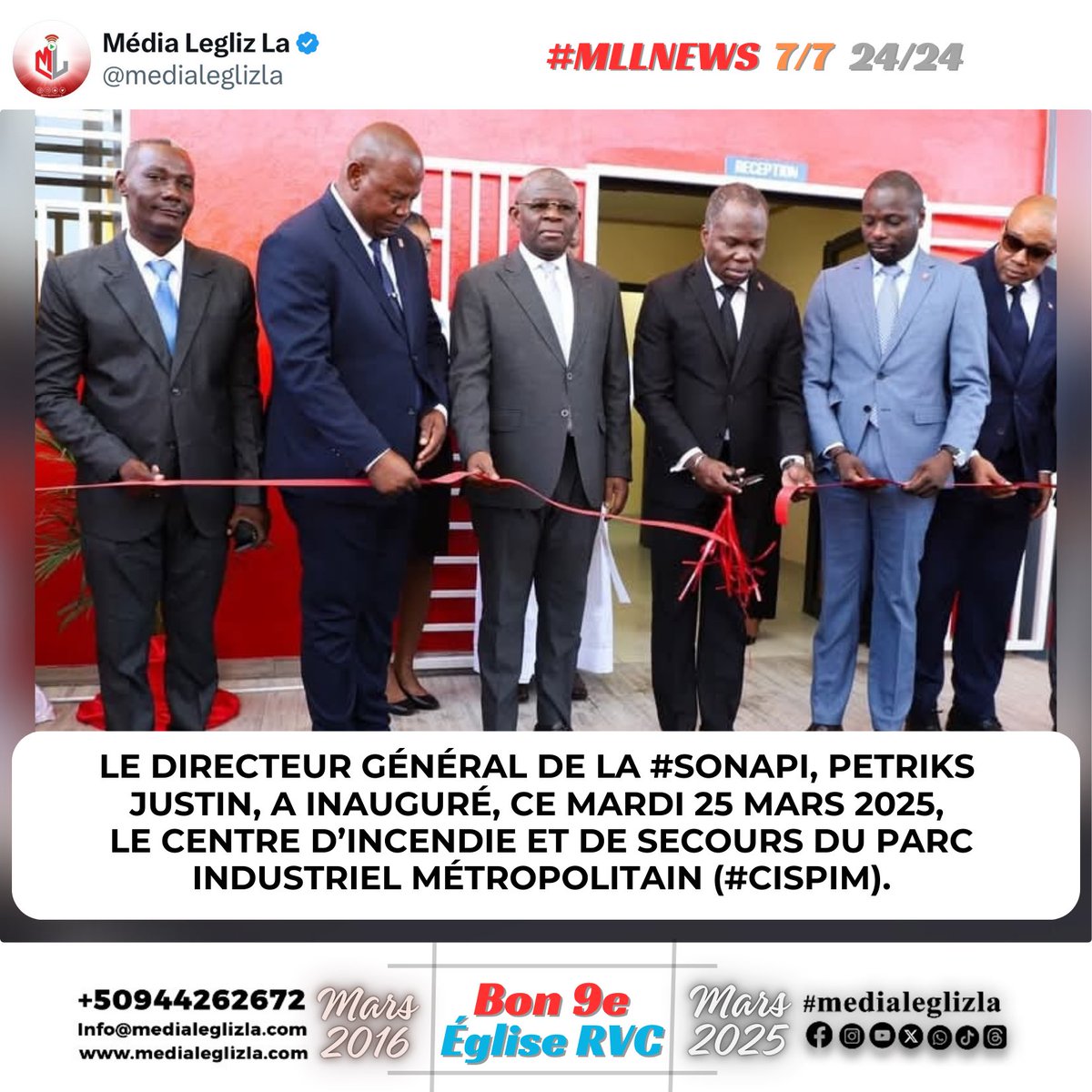 medialeglizla's tweet photo. Le Directeur Général de la #SONAPI, Petriks Justin, a inauguré, ce mardi 25 mars 2025, le Centre d’Incendie et de Secours du Parc Industriel Métropolitain (#CISPIM). La cérémonie s’est déroulée en présence du Conseiller-Président, @joseph_frinel, des ministres James Monazard (Commerce et Industrie), Sinald Bertrand (Santé Publique et Population) et @WilbertFranck (Affaires Sociales et Travail), ainsi que du Directeur Général de l'@onahaiti, Ronald Bazile, et de plusieurs acteurs du secteur privé. Dans son allocution, le DG de la @SonapiHaiti a insisté sur l’importance de ce centre pour garantir la sécurité des employés et préserver les infrastructures industrielles. Il a également réaffirmé l’engagement des autorités à renforcer la protection des zones industrielles et à soutenir la croissance du secteur.
#MLLnews
#Leglizlive
#medialeglizla