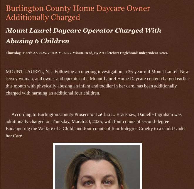 ArtFletcher9's tweet photo. Burlington County Home Daycare Owner Additionally Charged https://t.co/yeg9PCgSoF via @Englebrooknews #NewJersey #burlingtoncountynj #mountlaurel #home #daycare #owner #additionally #charged #child #endangerment #abuse @wireless_step @HRG_Media @LodiNJNews @SugarMAGA @SarahGeving1 @Shannon96574094 @Daytobehappy @janninereid1 @gator4kb18 @MichelleF_35 @TrumpWasRite @KathyKbrose @RobGerundo @JimBobW49