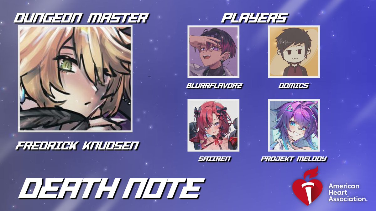 Saiiren ✧ VTuber 🚨 (@xsaiiren) on Twitter photo 🚨 ANNOUNCEMENT 🚨
- DEATH NOTE ANIME ONESHOT -
📆 FRIDAY - MARCH 28
⏰ 6PM EST
<a href="/FredrikKnudsen_/">Fredrik Knudsen 🦉🍵 ASTRALINE</a>
<a href="/BlurrFlavorz/">Blurr 🙈👑 🔜 OFFKAI</a>
<a href="/OmNomDomz/">Domics</a>
<a href="/xsaiiren/">Saiiren ✧ VTuber 🚨</a>
<a href="/ProjektMelody/">Projekt Melody 🥯 VSHOJO</a>
Donations go to ❤️ <a href="/American_Heart/">American Heart Association</a>
Hope to see you there! 😊 🚨 ANNOUNCEMENT 🚨
- DEATH NOTE ANIME ONESHOT -
📆 FRIDAY - MARCH 28
⏰ 6PM EST
<a href="/FredrikKnudsen_/">Fredrik Knudsen 🦉🍵 ASTRALINE</a>
<a href="/BlurrFlavorz/">Blurr 🙈👑 🔜 OFFKAI</a>
<a href="/OmNomDomz/">Domics</a>
<a href="/xsaiiren/">Saiiren ✧ VTuber 🚨</a>
<a href="/ProjektMelody/">Projekt Melody 🥯 VSHOJO</a>
Donations go to ❤️ <a href="/American_Heart/">American Heart Association</a>
Hope to see you there! 😊