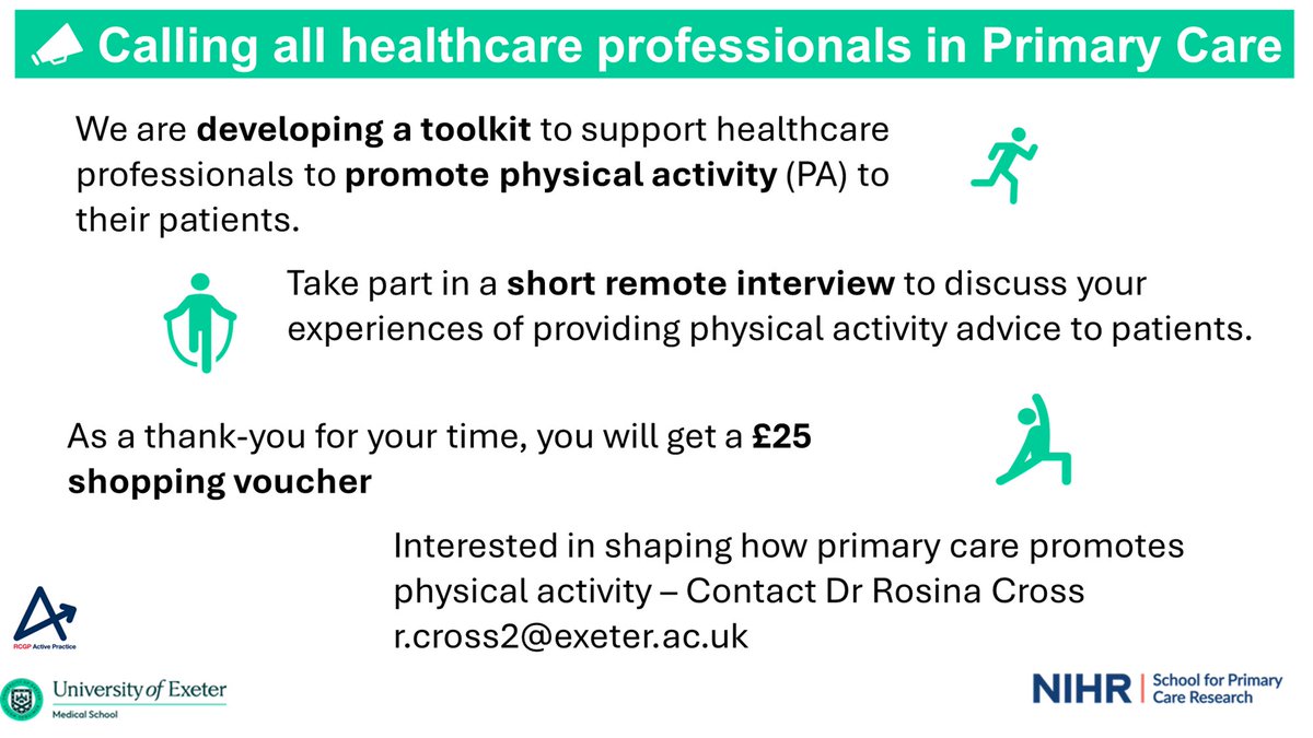 Dr Rosina Cross 🇬🇧🇯🇲 (@rosinaacross) on Twitter photo Healthcare professional working in #primarycare? Want to shape #physicalactivity promotion?
Take part in a short interview to discuss providing PA promotion to #patients.
Receive a £25 shopping thank you voucher
Interested?
Contact Dr Rosina Cross 📩 r.cross2@exeter.ac.uk Healthcare professional working in #primarycare? Want to shape #physicalactivity promotion?
Take part in a short interview to discuss providing PA promotion to #patients.
Receive a £25 shopping thank you voucher
Interested?
Contact Dr Rosina Cross 📩 r.cross2@exeter.ac.uk