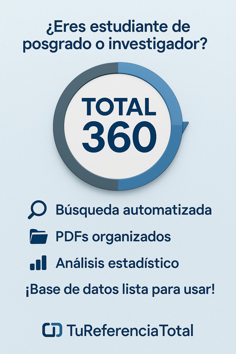 TuRefTotal's tweet image. 🎓 ¿Eres estudiante de posgrado o investigador?
📚 Ahorra horas de búsqueda bibliográfica con Total 360 de @TuReferenciaTotal.
🔎 Búsqueda automatizada
📂 PDFs organizados
📊 Análisis estadístico
📁 Base de datos
#Investigación #Bibliografía #Doctorado #AI