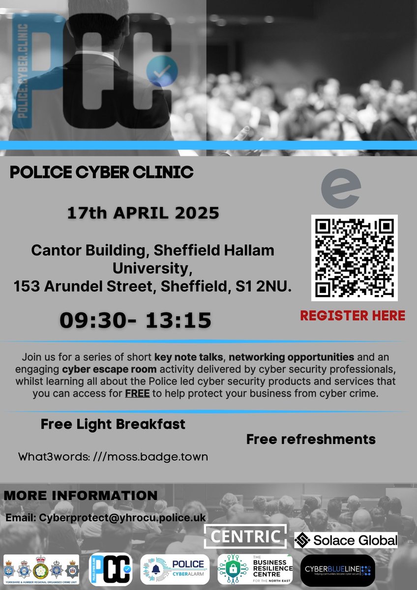 Yorkshire & Humber Regional Cyber Crime Unit (@yh_cyberprotect) on Twitter photo 📢Sheffield Police Cyber Clinic📢
📅17th April 2025 | 📍Sheffield Hallam University
👇👇👇
eventbrite.co.uk/e/126250677474…
🩺👩💻👨💻
#CyberSecurityAwareness #Yorkshire #Sheffield
<a href="/syptweet/">South Yorkshire Police</a>
<a href="/NEBRCentre/">North East Business Resilience Centre</a>
<a href="/PolCyberAlarm/">Police Cyber Alarm</a>
<a href="/SolaceGlobal/">Solace Global</a>
<a href="/YHROCU/">Yorkshire & Humber Regional Organised Crime Unit</a> 📢Sheffield Police Cyber Clinic📢
📅17th April 2025 | 📍Sheffield Hallam University
👇👇👇
eventbrite.co.uk/e/126250677474…
🩺👩💻👨💻
#CyberSecurityAwareness #Yorkshire #Sheffield
<a href="/syptweet/">South Yorkshire Police</a>
<a href="/NEBRCentre/">North East Business Resilience Centre</a>
<a href="/PolCyberAlarm/">Police Cyber Alarm</a>
<a href="/SolaceGlobal/">Solace Global</a>
<a href="/YHROCU/">Yorkshire & Humber Regional Organised Crime Unit</a>