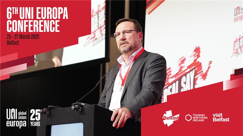 Gerald Dwyer, President of <a href="/uniglobalunion/">UNI Global Union</a> addressing <a href="/UNI_Europa/">UNI Europa</a> conference in Belfast today: “We advocate for fair policies. We must engage &amp; show leadership. Collective bargaining is more critical than ever.” #RealSayMorePay