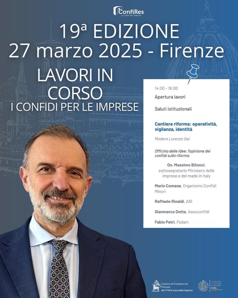 massimobitonci's tweet image. Oggi sarò a #Firenze per partecipare alla 19ª edizione di #Confires “Lavori in corso. I #confidi per le imprese”.
L’evento sarà trasmesso in diretta 👉🏻 bit.ly/3R3rkgG