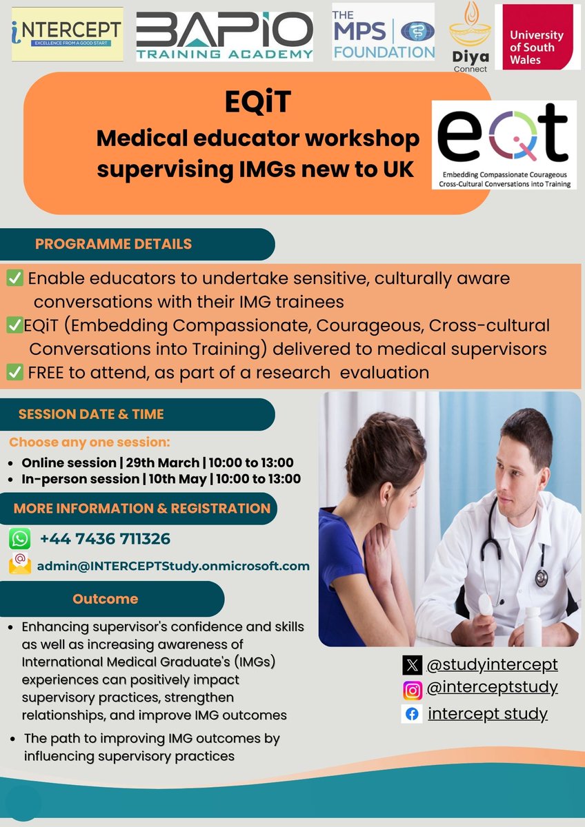 Workshop for Medical Supervisors of International Medical Graduates (IMGs) 
✔ Supporting sensitive culturally aware conversations with trainees
✔ Free to attend 
✔ Simple booking system  
For more details, message us on WhatsApp: +44 7436 711326