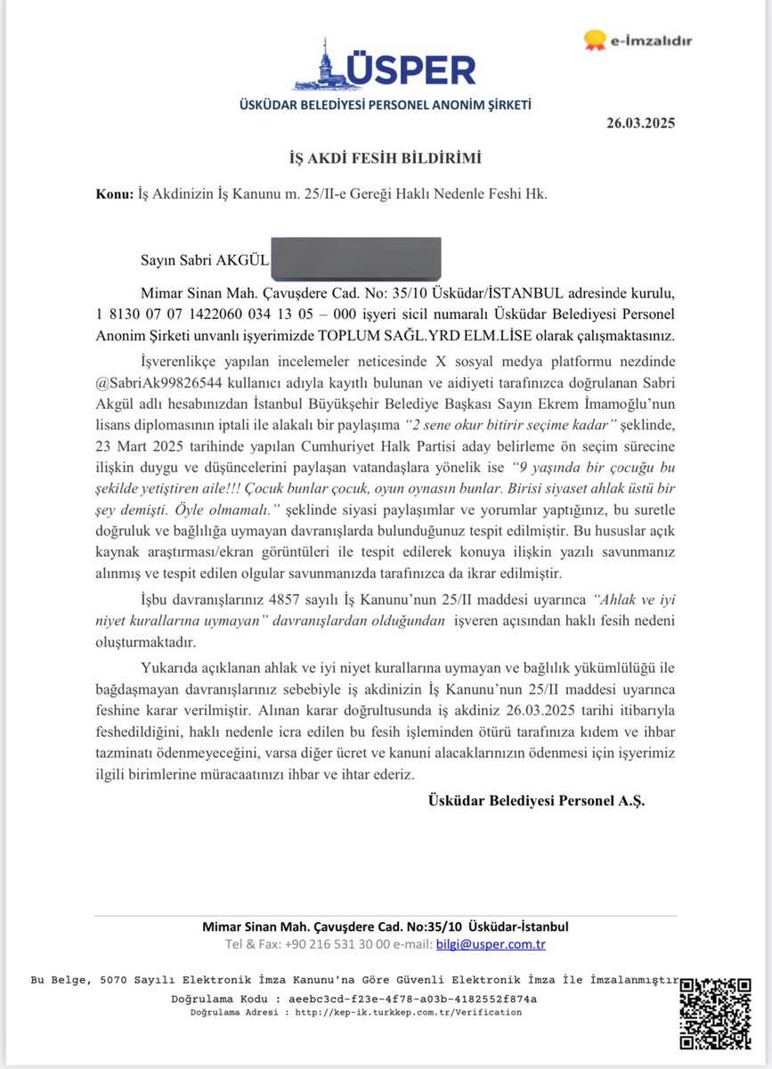1 yıldır sadece siyasi paylaşımlar yapan, tek hizmet üretmeyen, milyarlarca liralık gayrımenkul satmasına rağmen 1 yılda borç batağına gömülen Üsküdar Belediyesi, 

hiçbir suç unsuru ya da hakaret olmayan bir paylaşım yüzünden çalışanları işten atıyor. (Belgeyi inceleyin)

Bu