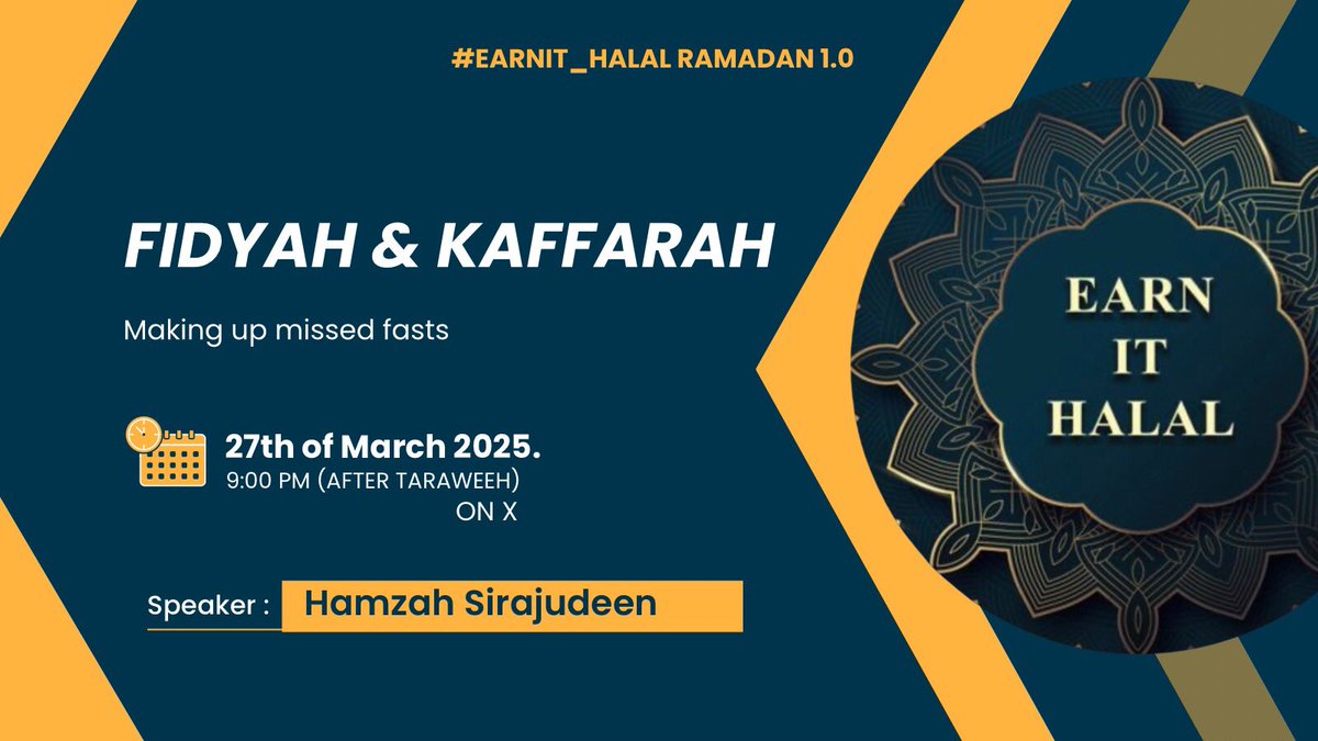 earnit_halal's tweet photo. We’re moving towards the end of Ramadan. Some of us have missed fasts (some due to circumstances or not) 
What does the deen say about making up out missed fasts? 

Join us tonight after 9:00pm to talk about Fidyah &amp; Kaffarah https://t.co/bhWYMwBgwQ