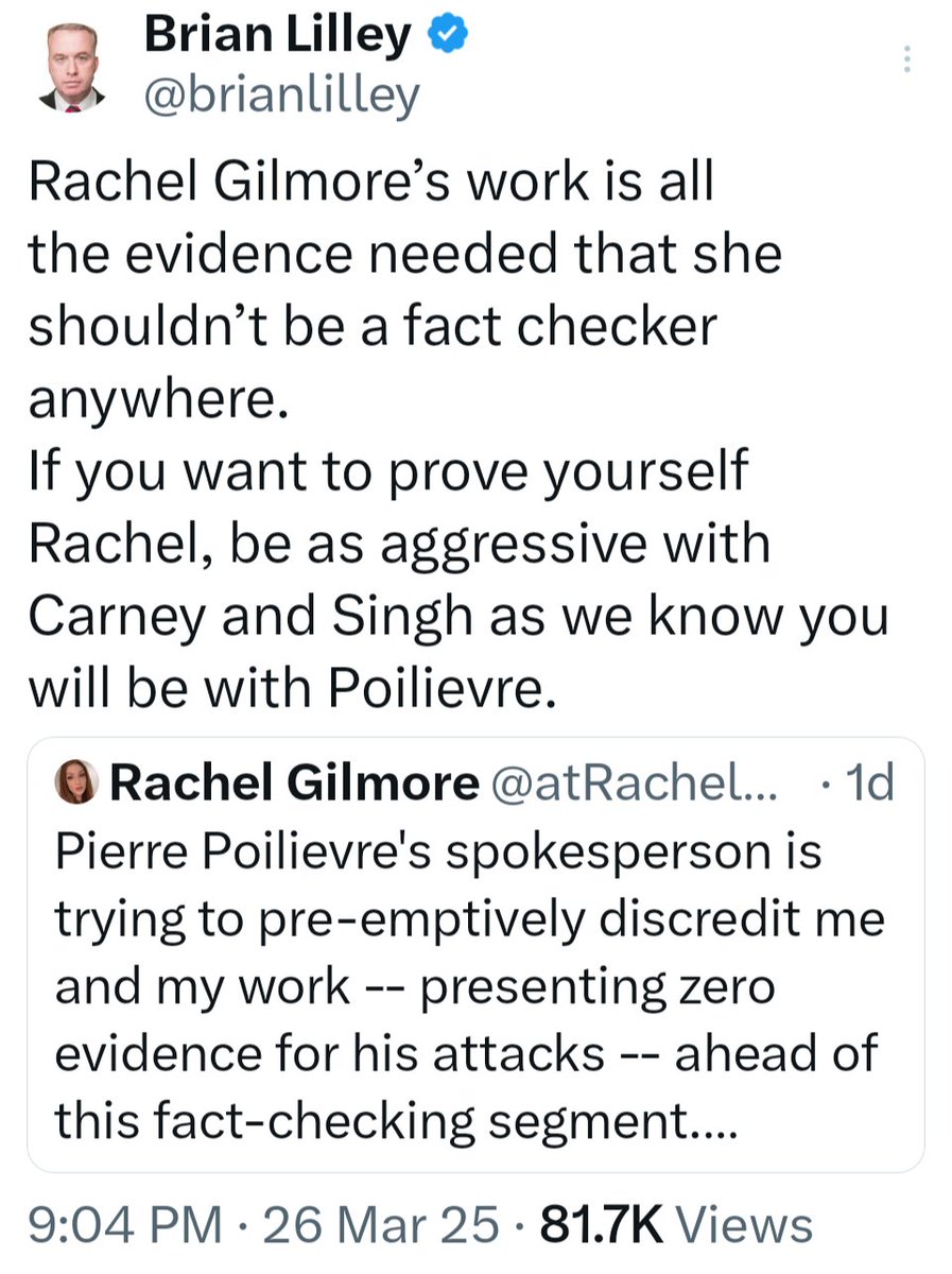 Hey <a href="/brianlilley/">Brian Lilley</a>. Are you seriously attacking <a href="/atRachelGilmore/">Rachel Gilmore</a> for being too partisan &amp; talking like a "valley girl"?
Debate the facts, but drop the double standards &amp; lay off the sexism.
This behaviour just reinforces why so many women won't vote for your guy, <a href="/PierrePoilievre/">Pierre Poilievre</a>.