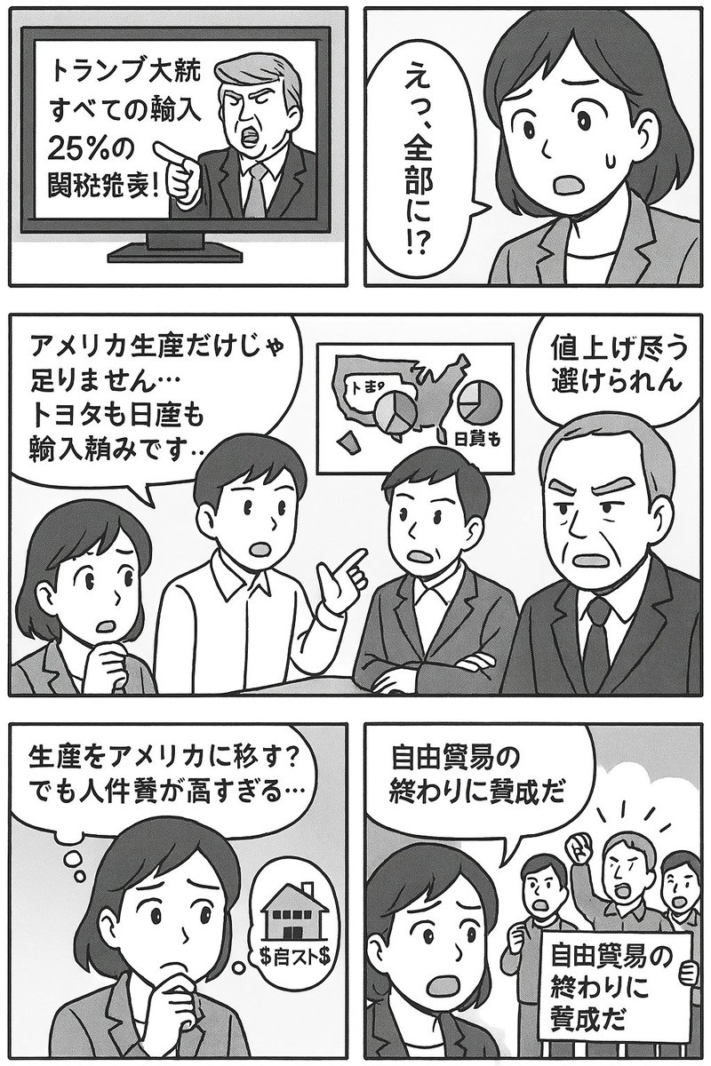 ChatGPTの画像生成、Yahooニュースの内容をコピペして、「４コマ漫画でこの内容を説明する画像を作ってもらえませんか。」だけで、これ。４コマの構成、コマ割りも作ってくれるので、わかりにくい内容をAIに投げれば説明もしてくれそう。誤植があるが、修正させることも可能とのこと。