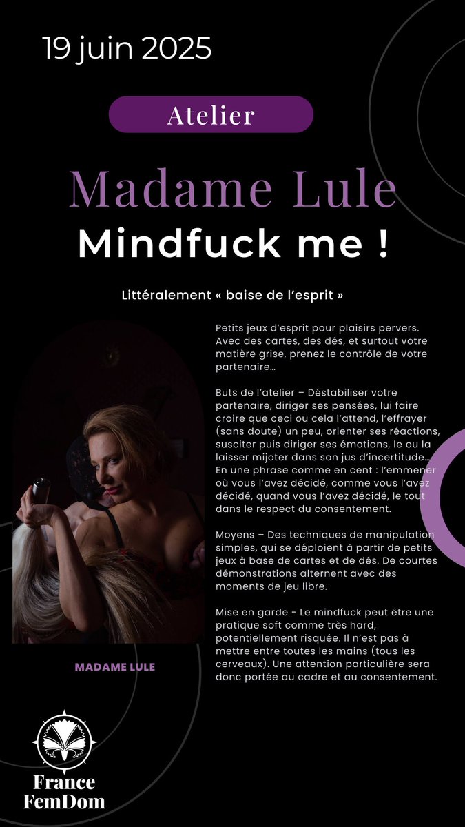 France FemDom (@fetesdesdames) on Twitter photo Avez-vous pris vos places pour la journée ateliers ?
Apprenez plus sur le plaisir du Mindfuck avec <a href="/LuleMadame/">Madame_Lule</a> le 19 juin. Avez-vous pris vos places pour la journée ateliers ?
Apprenez plus sur le plaisir du Mindfuck avec <a href="/LuleMadame/">Madame_Lule</a> le 19 juin.