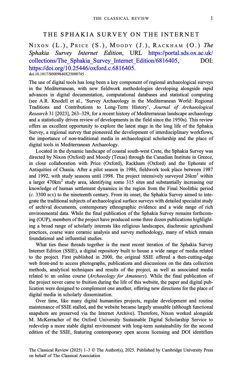 Excited to contribute to a new effort by The Classical Review to review digital projects in Classics &amp; #Archaeology 🏺

I dove into the revamped Sphakia Survey Internet Edition &amp; its longlasting impact on Mediterranean survey archaeology. Read more at bit.ly/43pILj7 🇬🇷