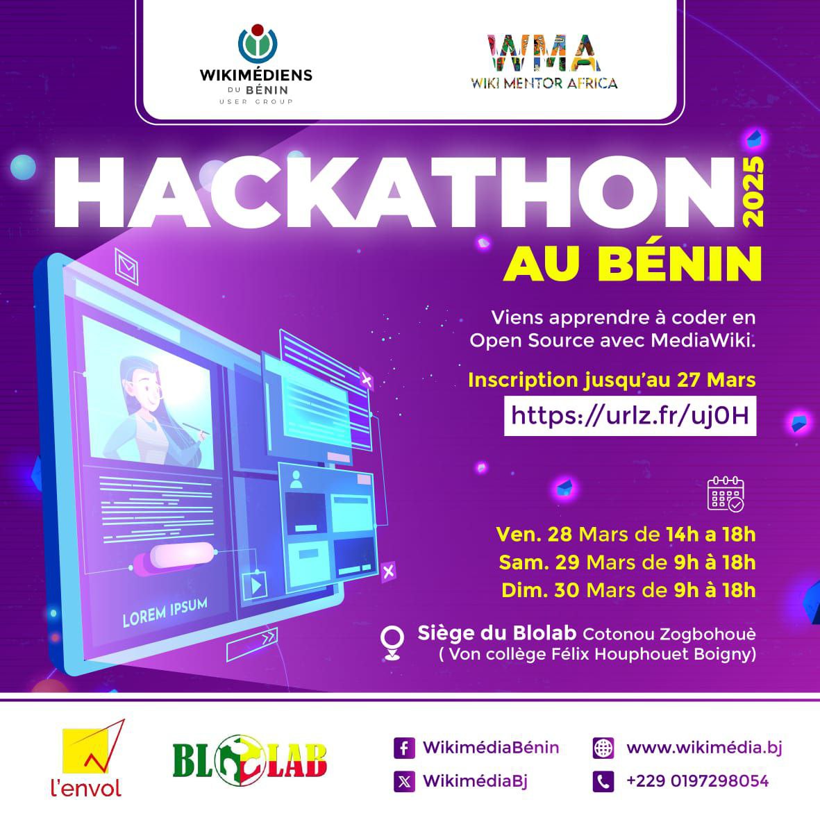 Demain démarre notre Hackathon 2025 au Bénin de3 jours avec le support de #WikiMentorAfrica. Où? En personne et en ligne à BloLab Cotonou Zogbohoue von collège Félixe Houphouet Boigny. Passionnés par #MediaWiki et les logiciels #opensource! Rejoins-nous urlz.fr/uj0H