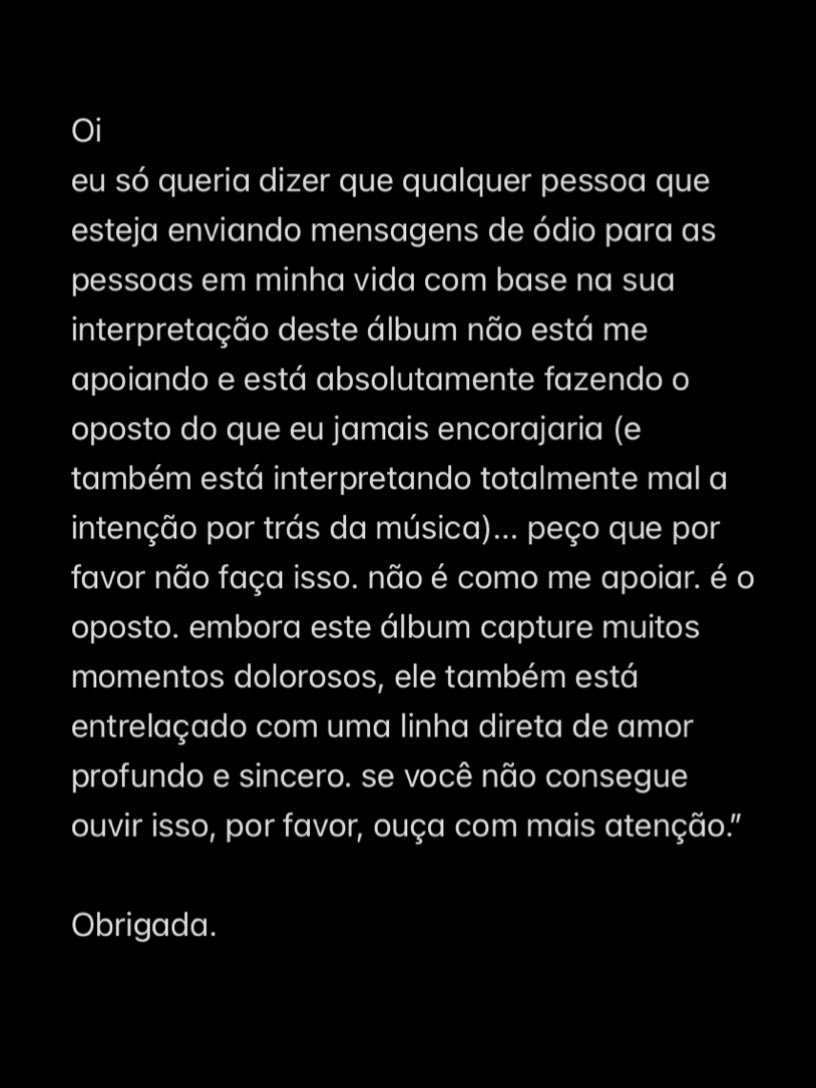 "Por que ainda te protejo?
Finjo que essas músicas não são sobre você
Espero que esta possa ser a última
Porque não estou enganando ninguém"

— Ariana Grande em “twilight zone”.

Quando ela lançou a versão standard do “eternal sunshine” soltou essa nota defendendo o Dalton Gomez:
