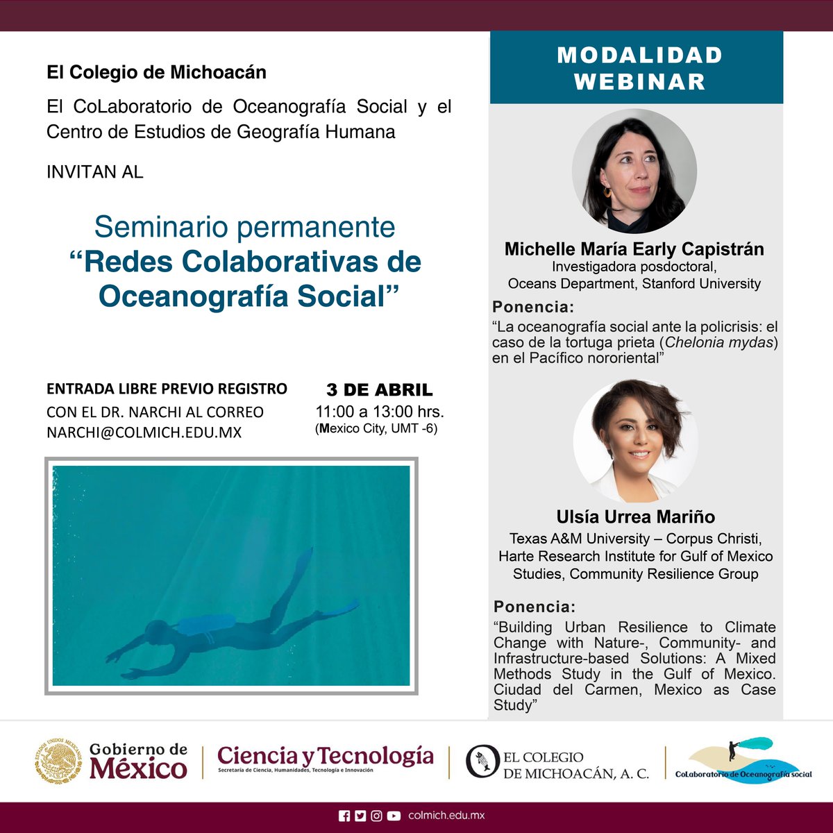 e_narchi's tweet photo. 🌊 ¡Están cordialmente invitad@s!
📢 Seminario Permanente Redes Colaborativas de Oceanografía Social

📅 3 de abril | 🕚 11:00–13:00 h
����El Colegio de Michoacán

🎤 Ponentes:
Michelle M. Early Capistrán 
Ulsia Urrea Maritio 

🆓 Registro: narchi@colmich.edu.mx
🌎🐢🌿 https://t.co/KtYtw19wV0