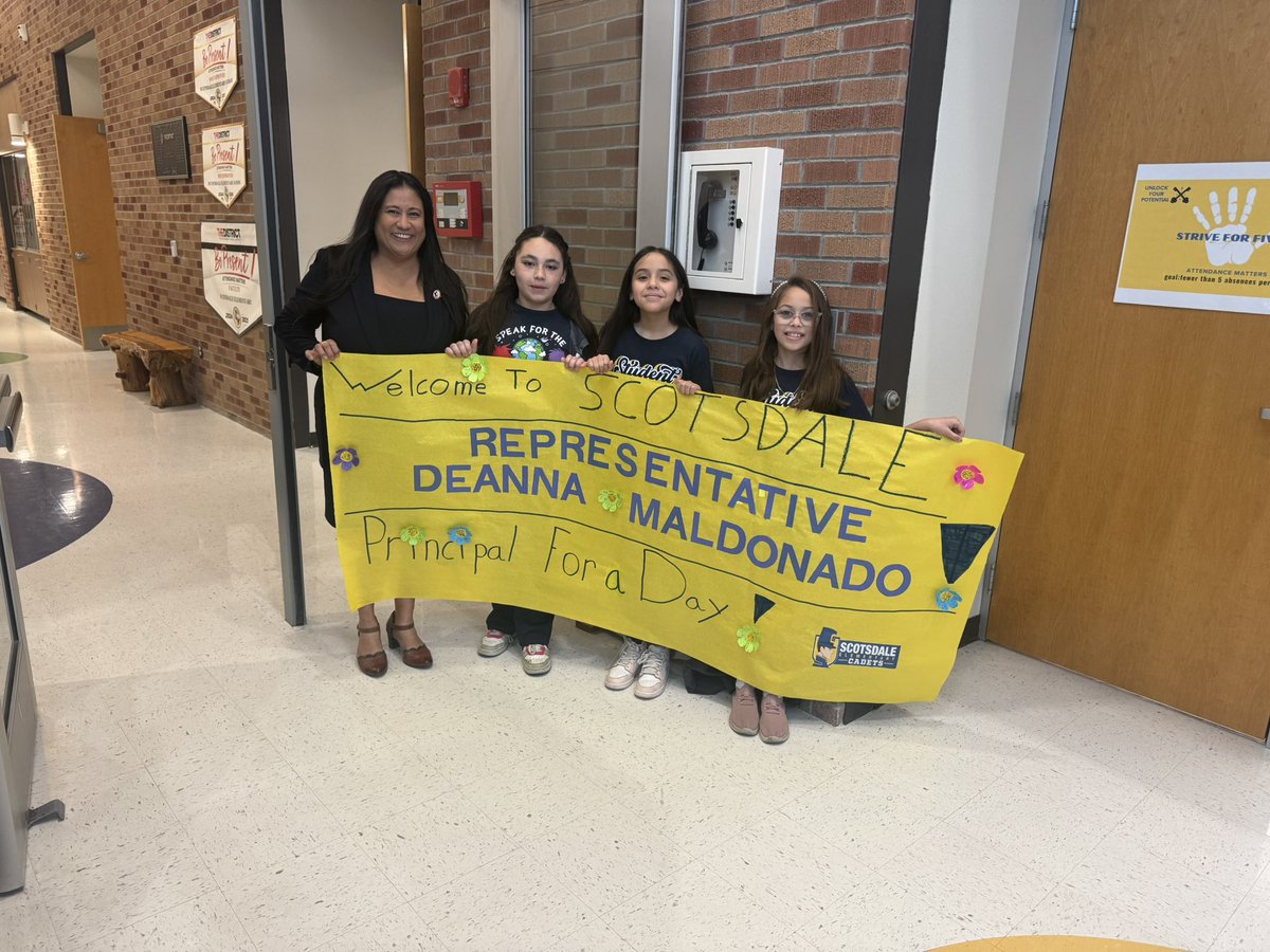 ARCIS_YISD's tweet photo. 🙌 Scotsdale Cadets celebrate Principal for a Day- City Councilwoman Deanna Maldonado. Today was an opportunity to  connect and support students across our school. 🇺🇸 Kudos to the representative for sharing insights to help the area communities. At Scotsdale…#CadetsExcel https://t.co/eWsTOe3DGh