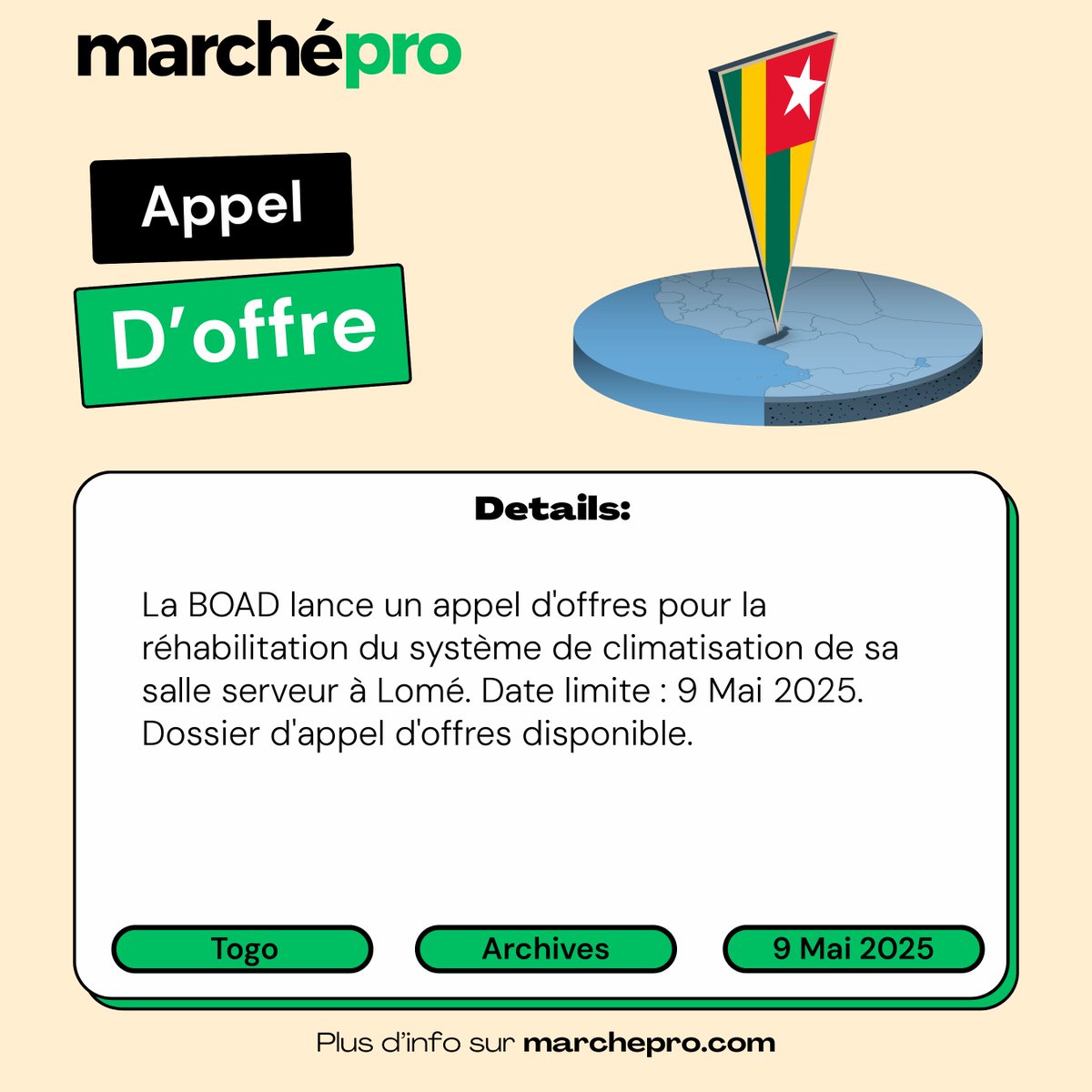 Réhabilitation du système de climatisation de la salle serveur de la BOAD à Lomé.

Lien: marchepro.com/offre/47928532
#Togo #Lome