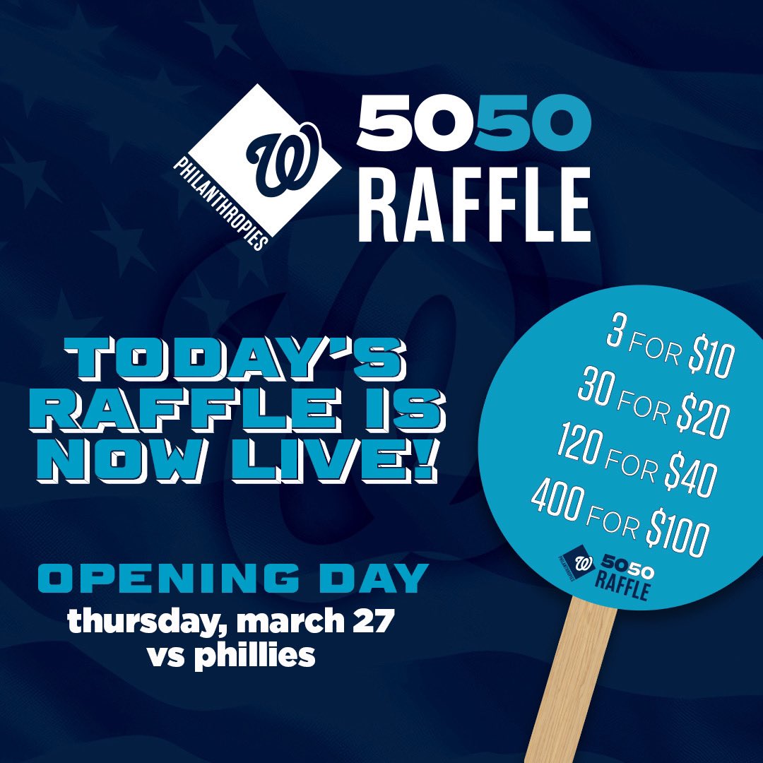 Nats4Good's tweet image. Opening Day has arrived and the first #5050Raffle of the season is LIVE!
Get your tickets in park when gates open or online from anywhere in Washington, D.C.
Buy tickets: nats5050.com