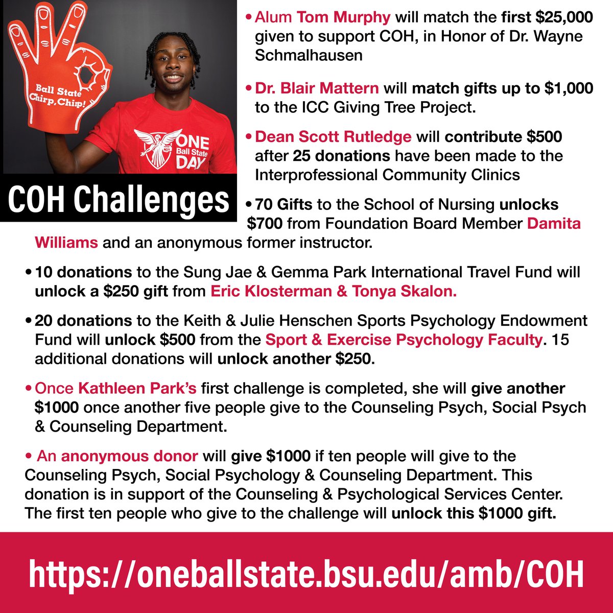 We are so grateful to all of those who have sponsored matching funds and challenges this year to help us reach our fundraising goals. You can donate to any of our department units through the College OBSD Website, to support these challenges. oneballstate.bsu.edu/amb/COH