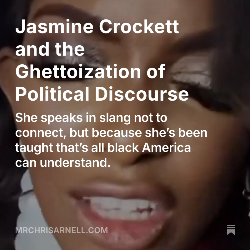 MrChrisArnell's tweet photo. 💭 Jasmine Crockett doesn’t insult intelligence with her words—she insults it with her worldview.
She honestly believes ghetto theatrics are the only way to reach black people.

🔗 Full post: https://t.co/1y3PunTLwn
#LowExpectations #JasmineCrockett #FakeRepresentation #DNCTheater #WhiteLiberalism #DNC #BlackCaucus