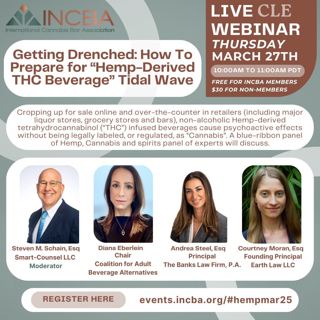 CLE Webinar Starting Soon! 🌊 Don't Miss Out!
🚨 Less Than One Hour Away! 🚨

Join us for today’s LIVE CLE Webinar:
🗓 Date: Thursday, March 27th
⏰ Time: 10AM - 11AM PDT
📍 events.incba.org/#hempmar25

💰 Free for INCBA Members | $30 for Non-Members