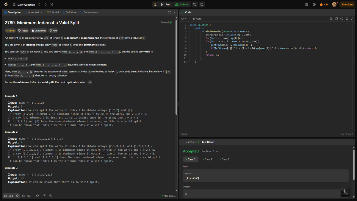 RoY_015__'s tweet photo. Day 424: Minimum Index of a Valid Split

Given a 0-indexed integer array nums of length n with one dominant element. Return the minimum index of a valid split. If no valid split exists, return -1.

#leetcode #400DaysOfCode #VIT https://t.co/bD5DjB1Kxi
