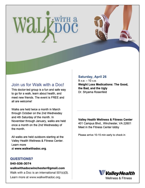 ShenUEIM's tweet photo. Do you want to know more about weight loss drugs like Ozempic? Attend the next Walk with a Doc to hear about "The Good, the Bad, and the Ugly" of weight loss meds. Saturday April 26 at 9am at the VHWFC. https://t.co/n7vUXci7Y5