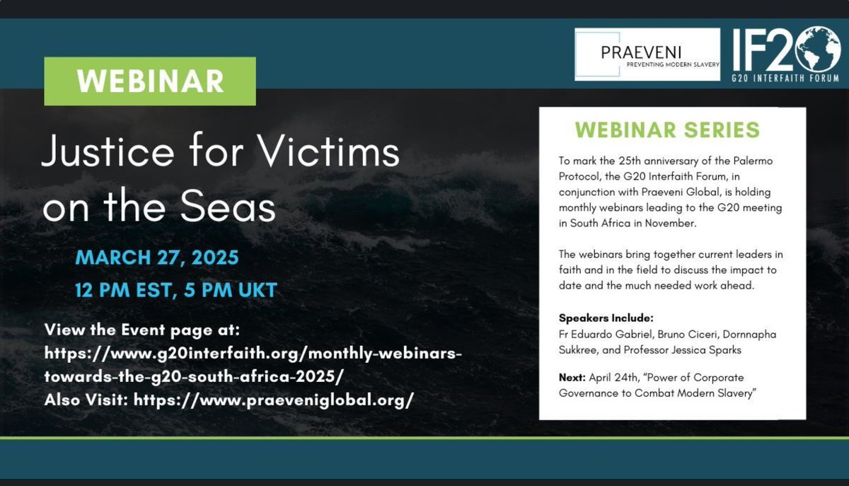 This evening conversation led by <a href="/IF20org/">IF20</a> &amp; Praeveni Global tinyurl.com/5n7wa7db discussing exploitation in the fishing sector.

Recording of this event available at g20interfaith.org.

The #G20SouthAfrica  must play a significant role in preventing modern slavery.