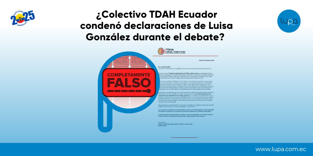 LupaMediaEC's tweet photo. 🔍#FactCheckElectoral | ❌Lupa Media no encontró registro del colectivo «Viviendo y sobreviviendo con TDAH, un día a la vez» en el Sistema Unificado de Información de las Organizaciones Sociales. Además, cuatro colectivos ecuatorianos relacionados con el TDAH aseguraron no conocer su existencia.

🤔¿Qué más sabemos?
 El 25 de marzo de 2025, una página de Facebook cambió su nombre a “TDAH Ecuador”. Aunque sus publicaciones sobre el déficit de atención aparecen con fechas anteriores, las herramientas de transparencia de Meta muestran que todas fueron publicadas esa misma noche. 

Te explicamos la evidencia aquí: https://t.co/RQccnFXaQ3