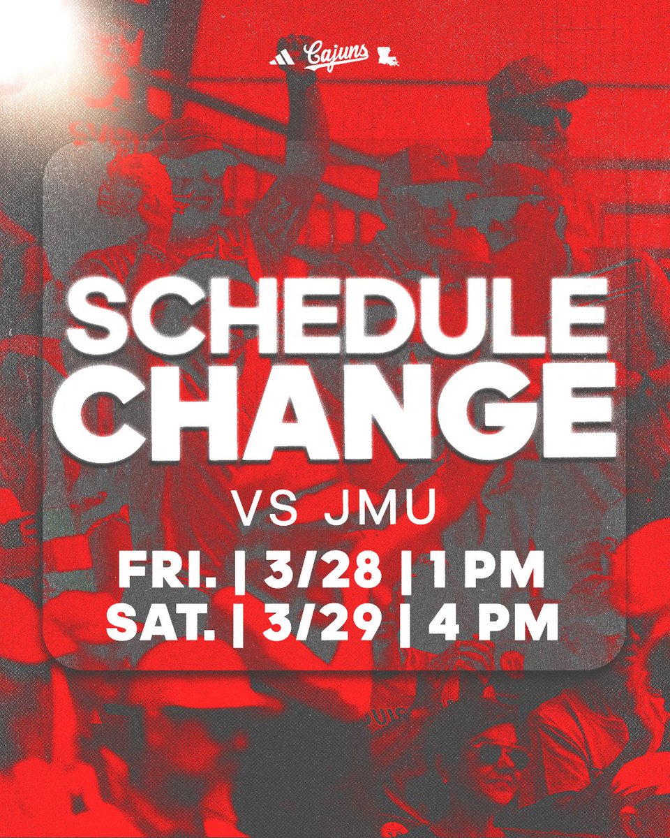 🚨 𝗧𝗜𝗠𝗘 𝗖𝗛𝗔𝗡𝗚𝗘𝗦 𝗙𝗢𝗥 𝗙𝗥𝗜𝗗𝗔𝗬/𝗦𝗔𝗧𝗨𝗥𝗗𝗔𝗬 🚨

Rain in the forecast has altered start times for Friday and Saturday ⏰

Start times for the weekend are: 
Friday - 1 p.m.
Saturday - 4 p.m.
Sunday - 11:30 a.m. (remains as scheduled)

#GeauxCajuns |