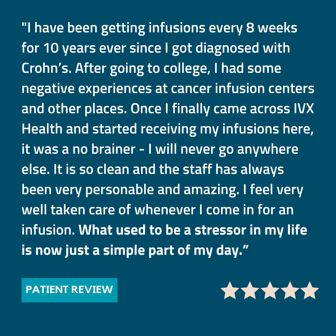 IVXHealth's tweet photo. IVX Health strives to ensure all patients feel known and truly cared for at every visit. We believe the extras make all of the difference in redefining the care experience. 

#ivxhealth #infusion #crohns #colitis #multiplesclerosis #rheumatoidarthritis https://t.co/VmFXhtHvJd