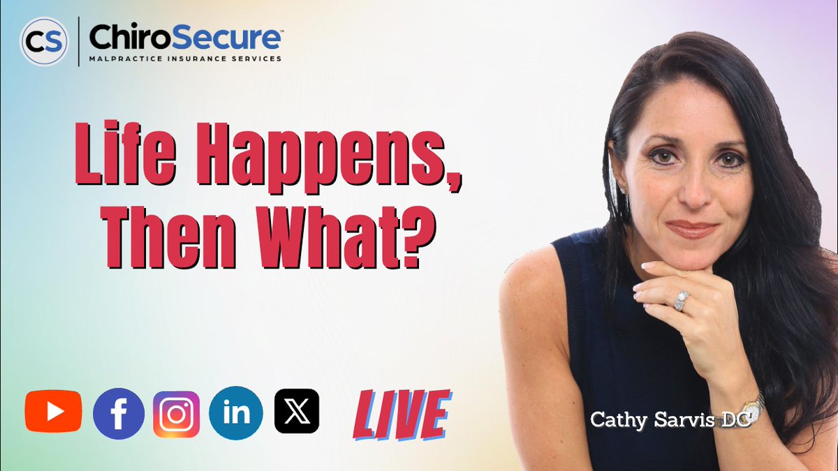 ChiroSecure's tweet photo. Live today March 27th at 1:00 PM ET.
Dr. Cathy Sarvis presents.
Life Happens, Then What?👍🎥🔊👊🕐
#chiropracticwomen #practicebuilding #malpracticeinsurance https://t.co/bvysnHvO1A