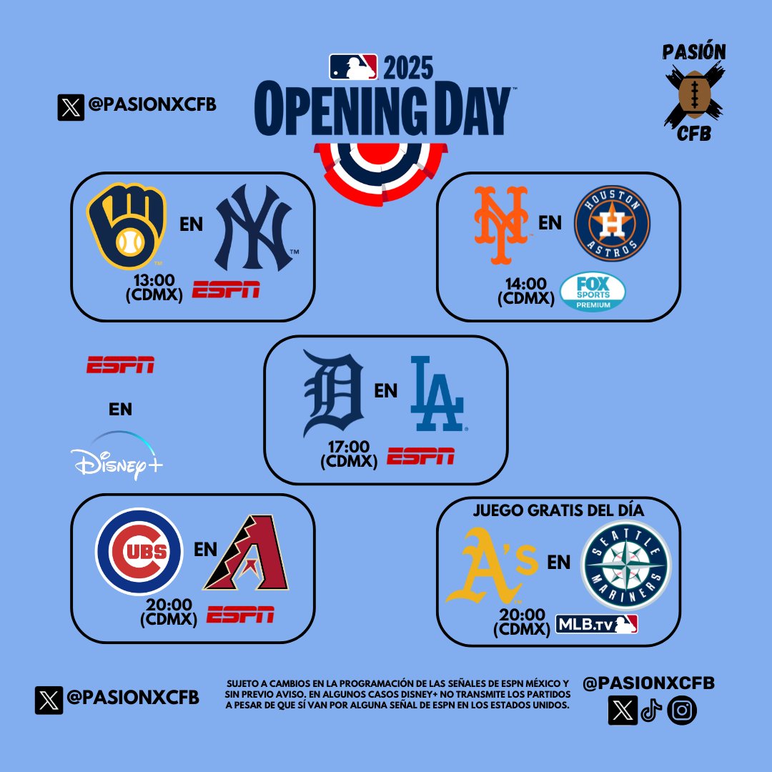 pasionxcfb's tweet photo. Sí, esto no es #futbolamericano pero tenemos que entretenernos con algo, por eso les dejamos el calendario de juegos transmitidos en México para hoy de #MLB #Openningday 

Mucha acción en @ESPNmx

Agradecemos un RT de @PS_SportsTV @AgendaDeport22 @Deporteandomx_ https://t.co/NhT6v6FPzX