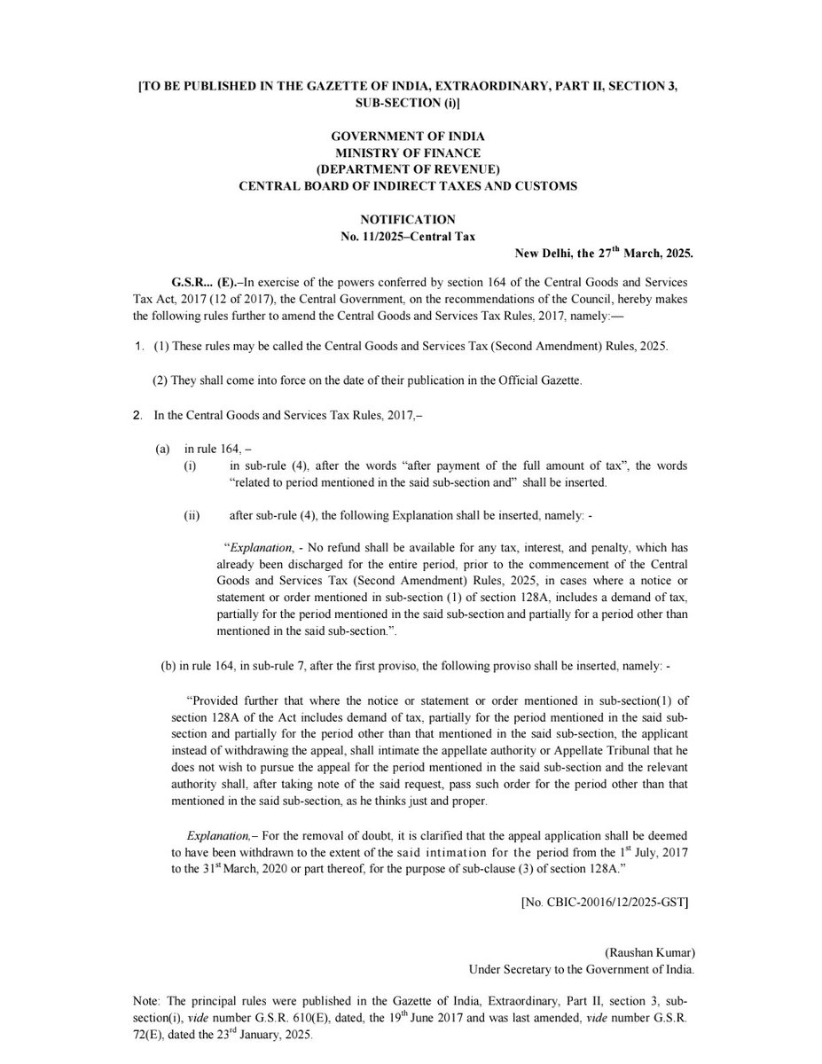 CBIC (@cbic_india) on Twitter photo Amendment in rule 164 for providing benefit under section 128A of the CGST Act,2017 vide Notification No.11/2025-Central Tax
taxinformation.cbic.gov.in/content-page/e… <a href="/nsitharamanoffc/">Nirmala Sitharaman Office</a> <a href="/officeofPCM/">Office of Pankaj Chaudhary</a> <a href="/FinMinIndia/">Ministry of Finance</a> <a href="/PIB_India/">PIB India</a> Amendment in rule 164 for providing benefit under section 128A of the CGST Act,2017 vide Notification No.11/2025-Central Tax
taxinformation.cbic.gov.in/content-page/e… <a href="/nsitharamanoffc/">Nirmala Sitharaman Office</a> <a href="/officeofPCM/">Office of Pankaj Chaudhary</a> <a href="/FinMinIndia/">Ministry of Finance</a> <a href="/PIB_India/">PIB India</a>