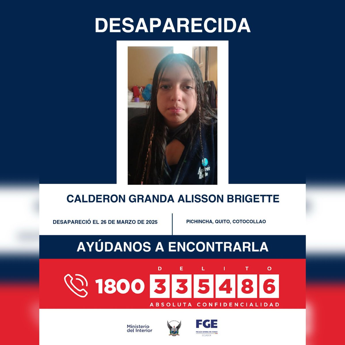 #DesaparecidosEcuador | #Pichincha: si tienes información sobre la ubicación de Kate Arlette Chica Taris y Alisson Brigette Calderón Granda, comunícate de inmediato con las autoridades. Fueron vistas por última vez el 26 de marzo de 2025 en Cotocollao, en el norte de #Quito.