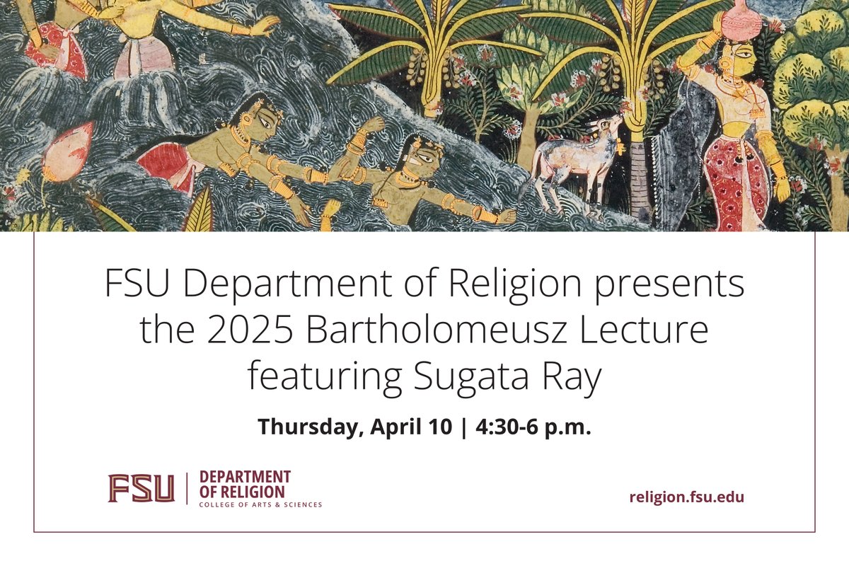 FSU Arts & Sciences (@fsuartssciences) on Twitter photo Mark your calendars for the in-person 2025 Bartholomeusz Lecture, hosted by <a href="/FSUReligion/">FSU Department of Religion</a>! On April 10, Sugata Ray from <a href="/UCBerkeley/">UC Berkeley</a> will discuss the intersection of art, water, and the Little Ice Age (1550–1850). For more details, visit fla.st/YFR6GI4V. Mark your calendars for the in-person 2025 Bartholomeusz Lecture, hosted by <a href="/FSUReligion/">FSU Department of Religion</a>! On April 10, Sugata Ray from <a href="/UCBerkeley/">UC Berkeley</a> will discuss the intersection of art, water, and the Little Ice Age (1550–1850). For more details, visit fla.st/YFR6GI4V.