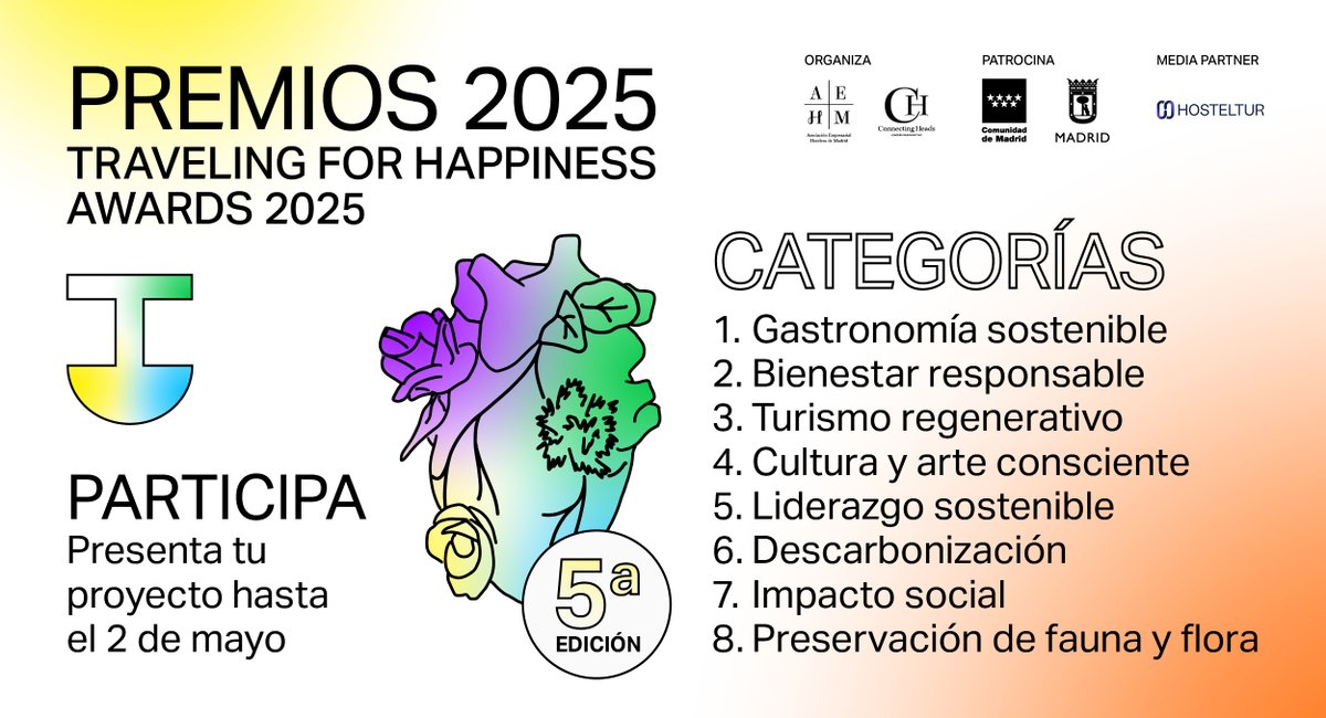 ¡La QUINTA EDICIÓN de los premios <a href="/TFHAwards/">Traveling for Happiness</a> ya está aquí! 🔝 Si estás contribuyendo a crear un #turismo más #sostenible, ya puedes apuntarte en travelingforhappiness.com 🏆 Una cita impulsada por <a href="/HotelesAEHM/">Asociación Empresarial Hotelera de Madrid (AEHM)</a> y por <a href="/ConnectingHeads/">CONNECTING-HEADS</a>, con quienes hemos desarrollado el proyecto 🤝