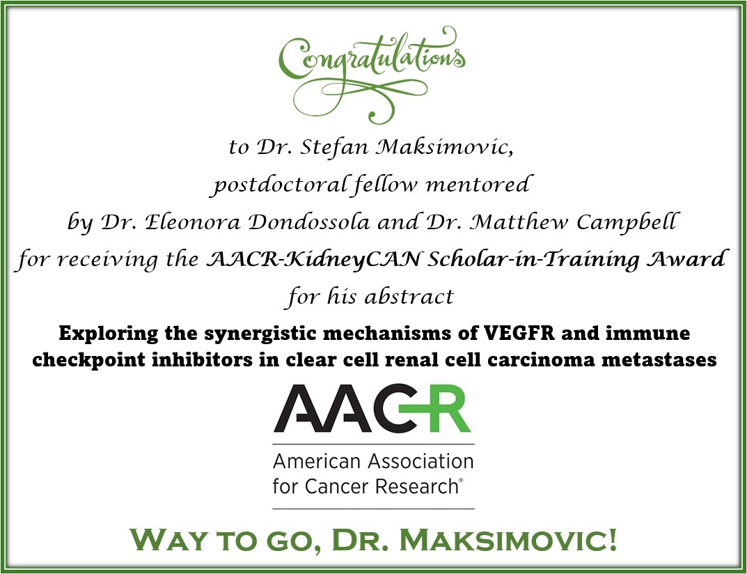 Eleonora Dondossola,PhD (@ed_phd_) on Twitter photo Big congrats to <a href="/dr4gut1n/">Stefan Maksimović</a>, a senior postdoc in the lab co-mentored by <a href="/DocMattCampbell/">Matt Campbell MD, MS</a>,
for receiving a <a href="/kidneycan/">KidneyCAN</a>
<a href="/AACR/">AACR</a> scholar-in-training award!
Way to go, Stefan!
#AACR25 #CancerResearch
#KidneyCancer
#AACRScholars Big congrats to <a href="/dr4gut1n/">Stefan Maksimović</a>, a senior postdoc in the lab co-mentored by <a href="/DocMattCampbell/">Matt Campbell MD, MS</a>,
for receiving a <a href="/kidneycan/">KidneyCAN</a>
<a href="/AACR/">AACR</a> scholar-in-training award!
Way to go, Stefan!
#AACR25 #CancerResearch
#KidneyCancer
#AACRScholars