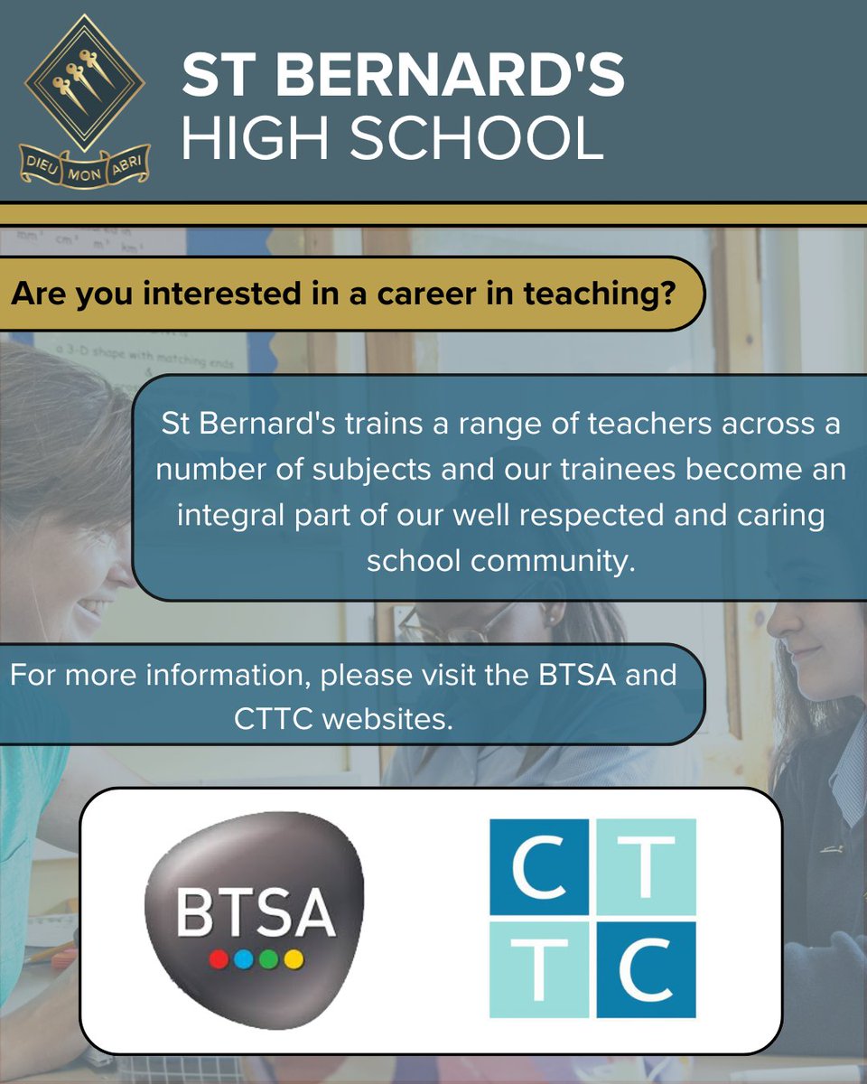👩‍🏫 Looking to start a rewarding teaching career? St Bernard's is partnered with BTSA and CTTC to provide top-level teacher training courses. All trainees become a part of our caring and dedicated school community. 🏫 #TeachingCareer #TeacherTraining