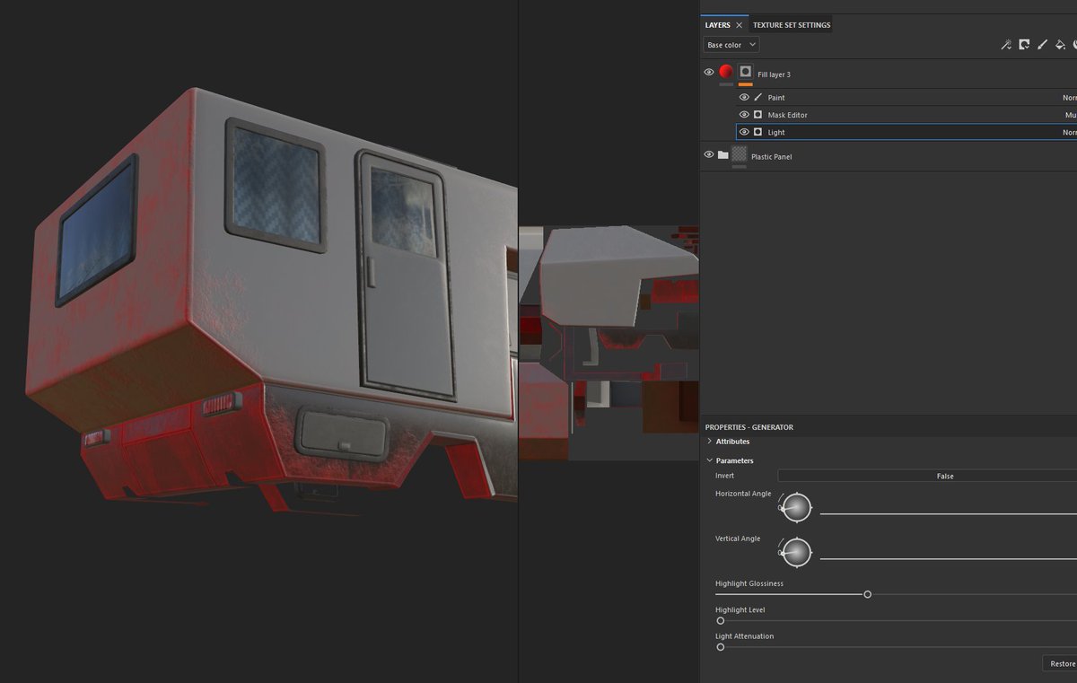 hey this Light mask generator in Substance Painter is nice! Trying to use it here were dirt would collect.

Or red paint...😅

#SubstancePainter