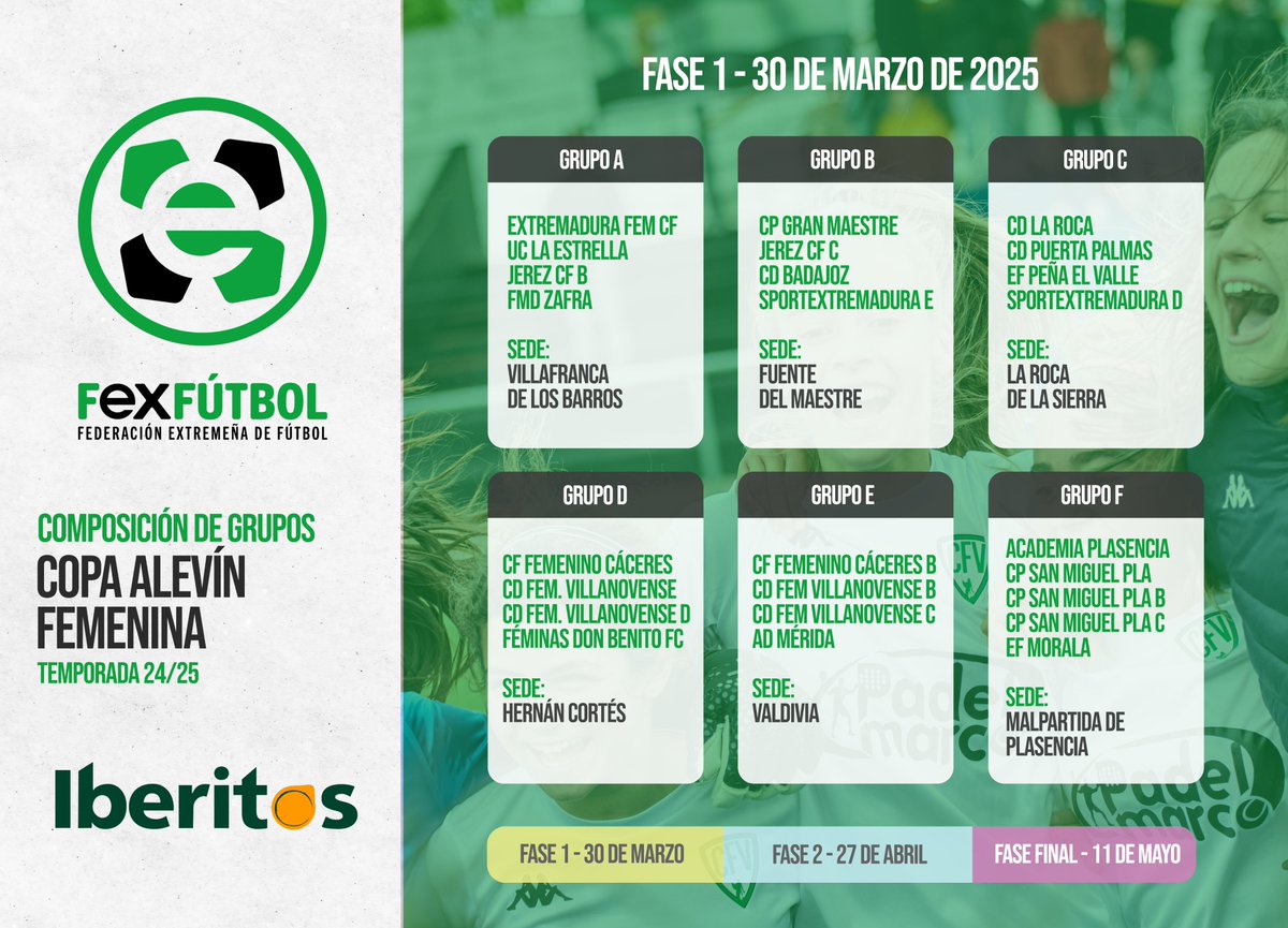 📢⚽👧¡Este domingo, #FutFEM por doquier!

 🏆𝐂𝐎𝐏𝐀 𝐀𝐋𝐄𝐕𝐈́𝐍 𝐅𝐄𝐌𝐄𝐍𝐈𝐍𝐀🏆

🔹Fase 1

🚀El torneo arranca con 25 equipos divididos en 6 grupos, con sedes en📍Villafranca de los Barros, Fuente del Maestre, La Roca de la Sierra, Hernán Cortés, Valdivia y Malpartida de