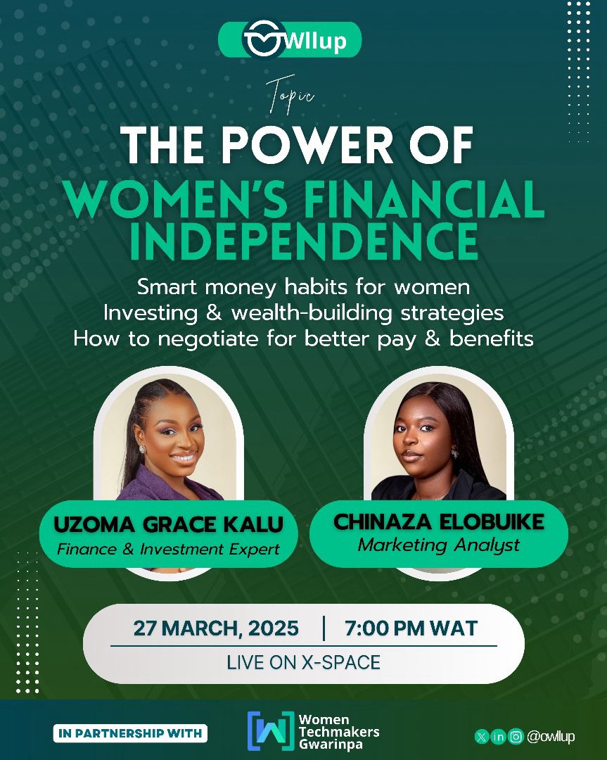 owllup's tweet photo. Join us today at 7:00 PM WAT for an impactful discussion on Women's Financial Independence! 🌟

🎙 Featuring inspiring experts:
🔹 Uzoma Grace Kalu – Finance & Investment Expert
🔹 Chinaza Elobuike – Marketing Analyst

💡 Don’t miss this chance to learn, grow, and take charge of your financial journey!
👉 Set a reminder and tune in here: 🔗 https://t.co/CsMQvvglVE

Let's empower women, one conversation at a time. 💼✨

#FinancialIndependence #WomenInFinance #WTMGwarinpa #Owllup