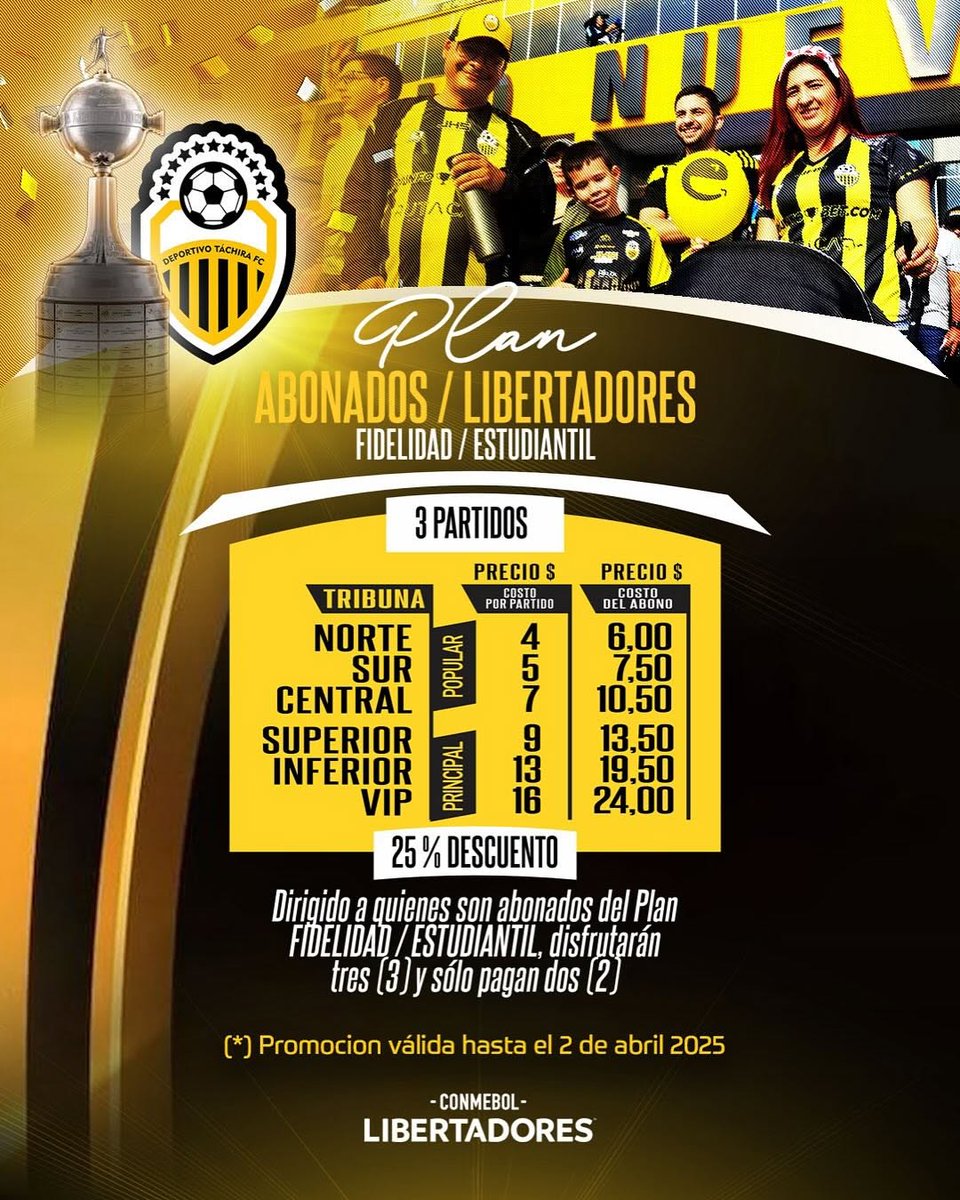 🪪 A partir de HOY, a las 2pm, comienza la venta de ABONOS y BOLETERÍA de CONMEBOL Libertadores en la Tienda Aurinegra 👊

🎁 Si eres ABONADO Liga FUTVE 2025, te premiamos con un DESCUENTO EXTRA en los ABONOS de Libertadores, según el plan adquirido ¡Gracias por su fidelidad! 👏