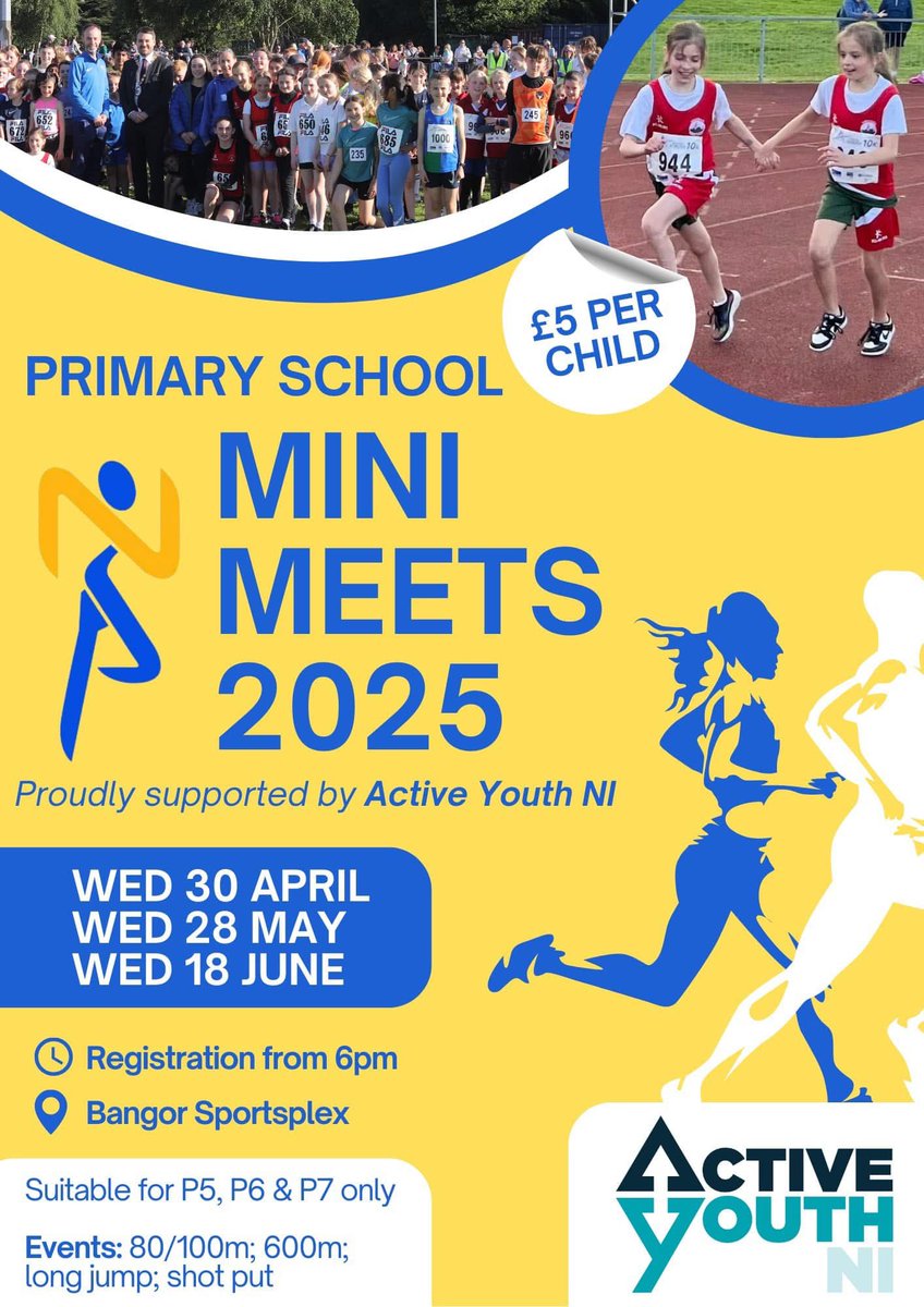 We are delighted to announce the return of our primary school Mini Meets. This year we are proudly supported by Active Youth NI

The 2025 events will take place at Bangor Sportsplex on the following dates:

- 30 April
- 28 May
- 18 June

Further info: northdownac.co.uk/mini-meets/