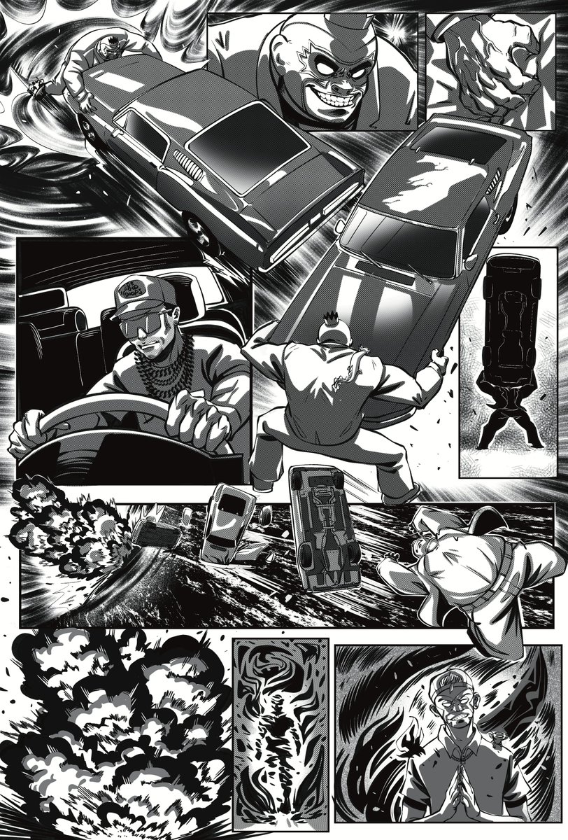 Hard to say if the car hit El Santo, or if El Santo hit the car. But in an instant, the smell of fear, sweat and burning rubber fills the small space between them, eyes locked over a crumpled hood.

El Santo digs his fingers into the molded sheet metal and picks the car up over