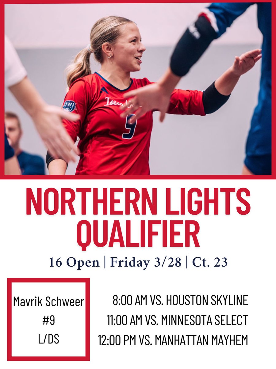 Mavrik Schweer (@mavrikschweer27) on Twitter photo So excited to compete at <a href="/MNLQualifier/">Mizuno Northern Lights Qualifier</a> with my <a href="/IowaUnitedVB/">Iowa United Volleyball</a> 161 Elite team. Here is the schedule for Friday! So excited to compete at <a href="/MNLQualifier/">Mizuno Northern Lights Qualifier</a> with my <a href="/IowaUnitedVB/">Iowa United Volleyball</a> 161 Elite team. Here is the schedule for Friday!