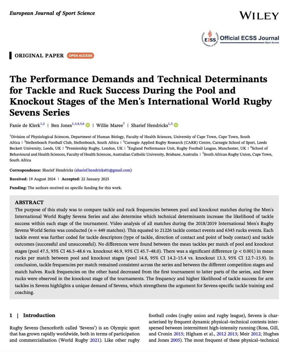 Sharief Hendricks 🇿🇦 (@sharief_h) on Twitter photo New Paper: The Performance Demands and Technical Determinants for Tackle and Ruck Success During the Pool and Knockout Stages of the Men's International World Rugby Sevens Series <a href="/15FaniedK/">Fanie de Klerk</a> in <a href="/EurJSportSci/">Euro J Sport Science</a> onlinelibrary.wiley.com/doi/epdf/10.10… 🏉🔬 New Paper: The Performance Demands and Technical Determinants for Tackle and Ruck Success During the Pool and Knockout Stages of the Men's International World Rugby Sevens Series <a href="/15FaniedK/">Fanie de Klerk</a> in <a href="/EurJSportSci/">Euro J Sport Science</a> onlinelibrary.wiley.com/doi/epdf/10.10… 🏉🔬